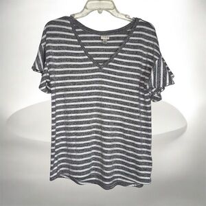 a new day Gray and White Striped V-Neck Tee with Short Flutter Sleeve size S
